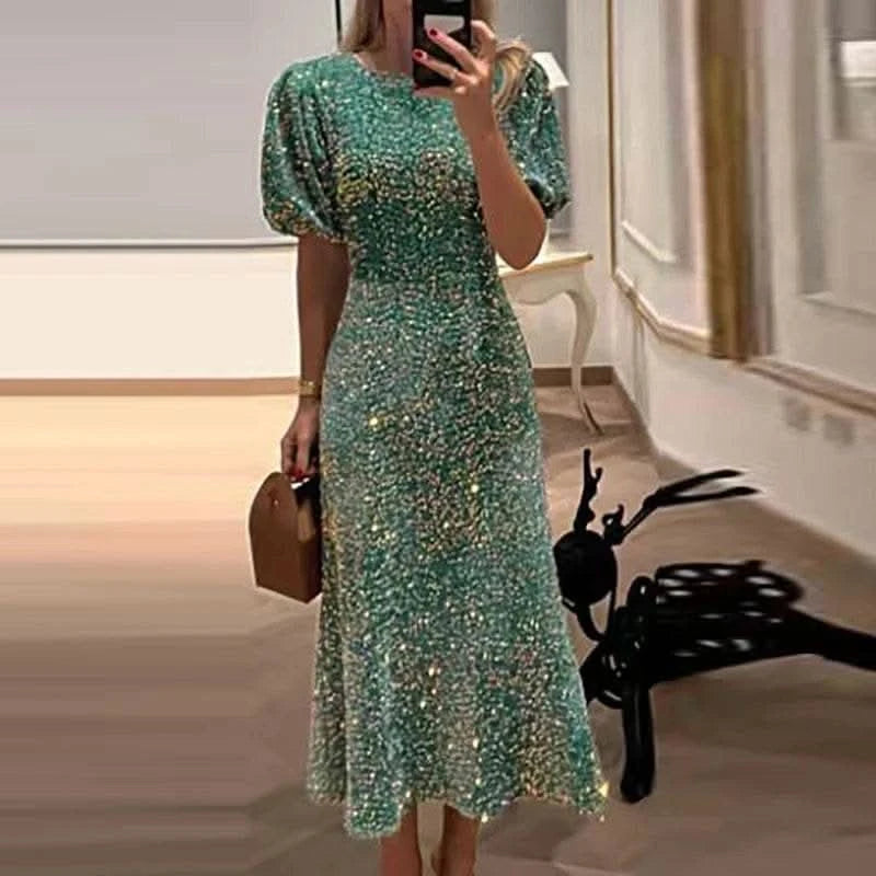 2024 New Lady Temperament Slim Banquet Dress Fashion Shiny Sequin Long Dress Casual O-neck Short Sleeved High Waist Dress Mujer - M & M Global