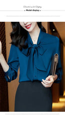Elegant Pure Color Long Sleeve Women's Shirt with Bow Tie Single Button Open Cardigan Spring Autumn Fashionable Ageless