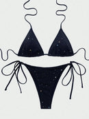 Sexy Laced Up Sequins Bikini 2 Piece Set Women Solid Split Swimsuit High Waist Beach Bikini 2025 New Summer Swimwear Bikinis Set - M & M Global