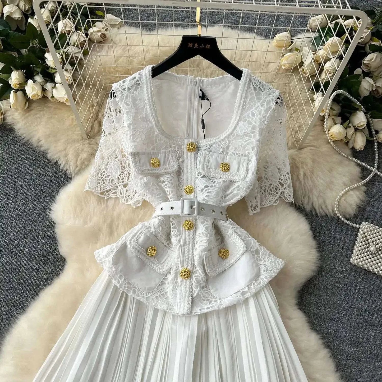 Designer 2025 Summer Pleated Chiffon Lace Long Dress Women Flower Embroidery Gold Button Belt Evening Party Dresses Wedding Robe - M & M Global