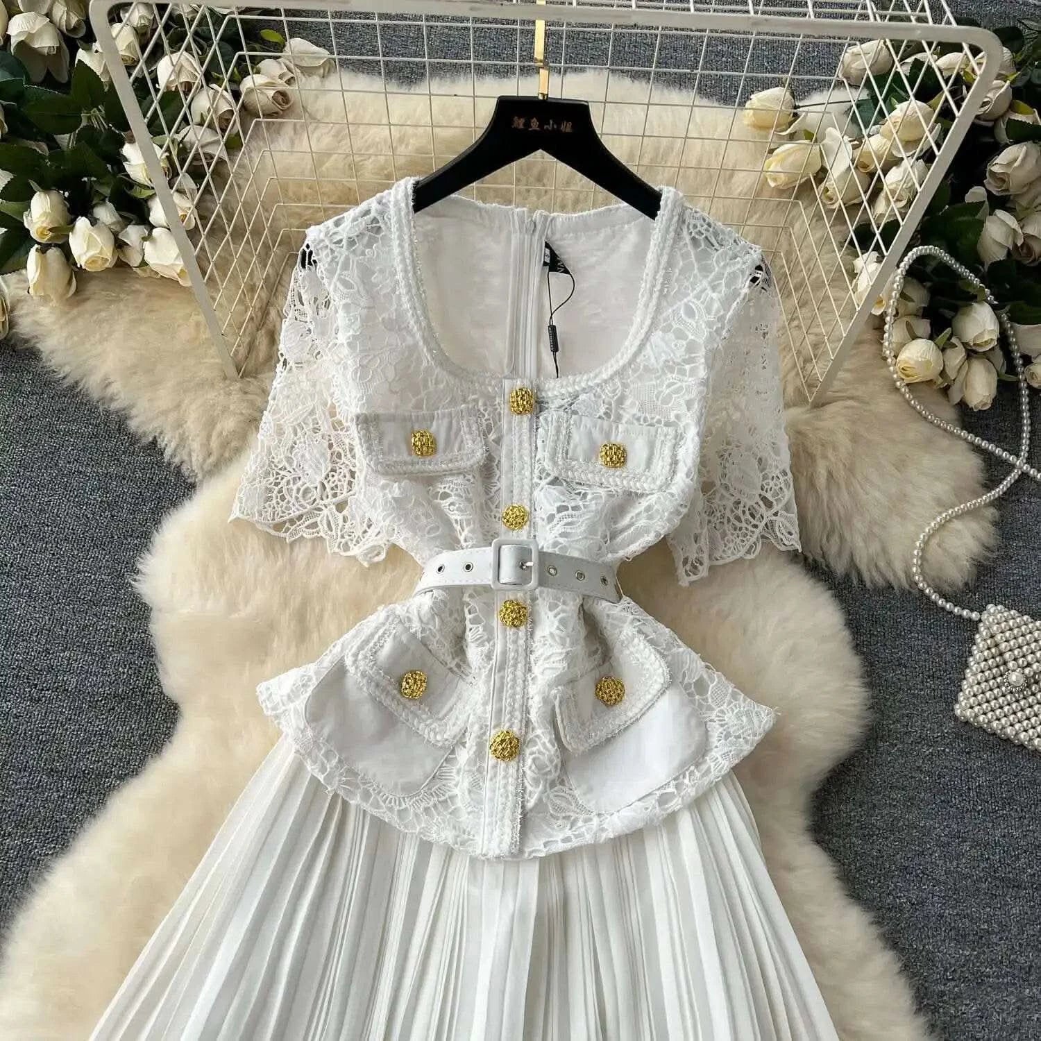 Designer 2025 Summer Pleated Chiffon Lace Long Dress Women Flower Embroidery Gold Button Belt Evening Party Dresses Wedding Robe - M & M Global
