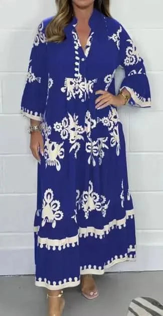 Women's Printed Loose Ethnic Retro Dress Spring Autumn V Neck Button A-Line Long Dress Summer 3/4 Sleeve Bohemian Maxi Dresses - M & M Global