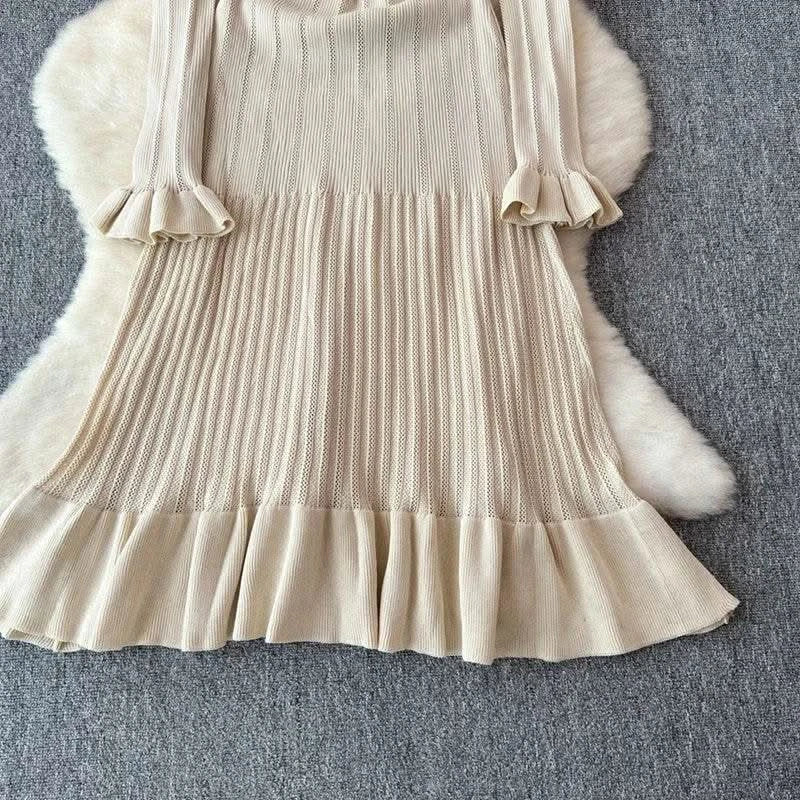 2024 Green Fashion Autumn Winter Knitted Long Dress French Style Letter Buttons Elegant Sweater Dress Lady Office Bodycon - M & M Global