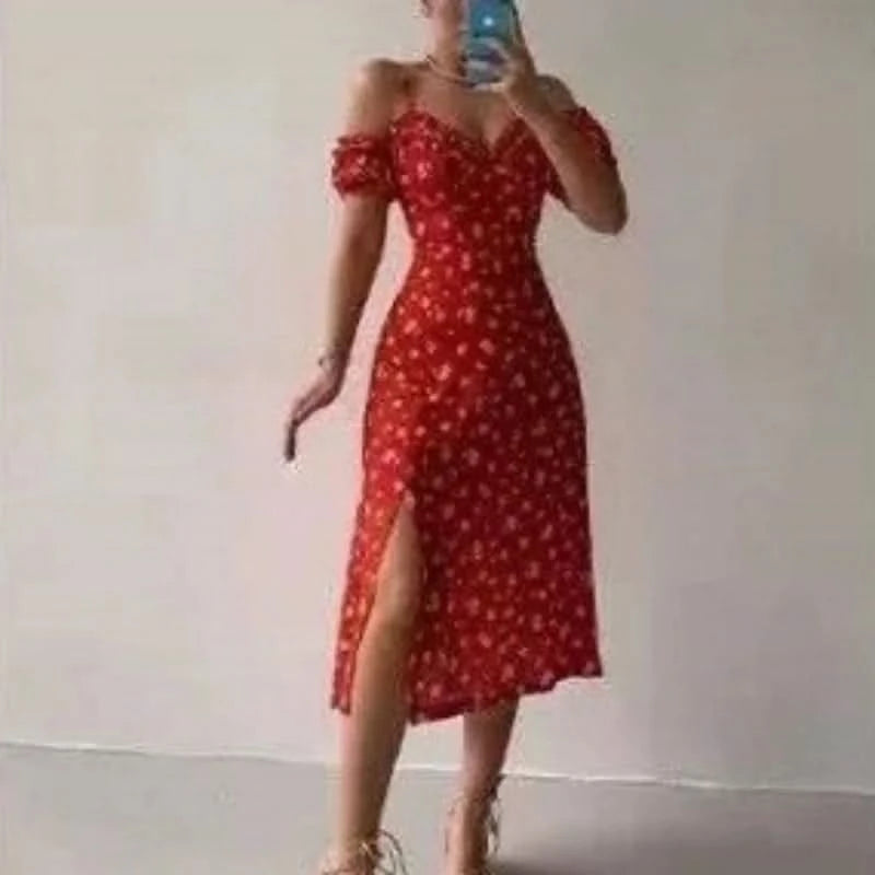 Women Elegant Off Shoulder V Neck Long Dress Sexy Sling Ruffle Strapless Slit Party Dress Spring Floral Print Slim Dress 21764 - M & M Global