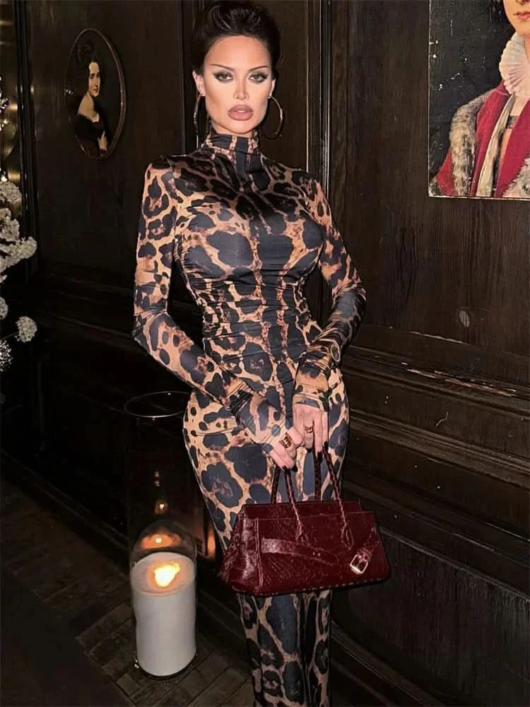 Print Leopard Print Slim Long Dress Women's Fashion Long Sleeve Sexy Party Dress Summer Street Leopard Print Long Dress 2024 New - M & M Global