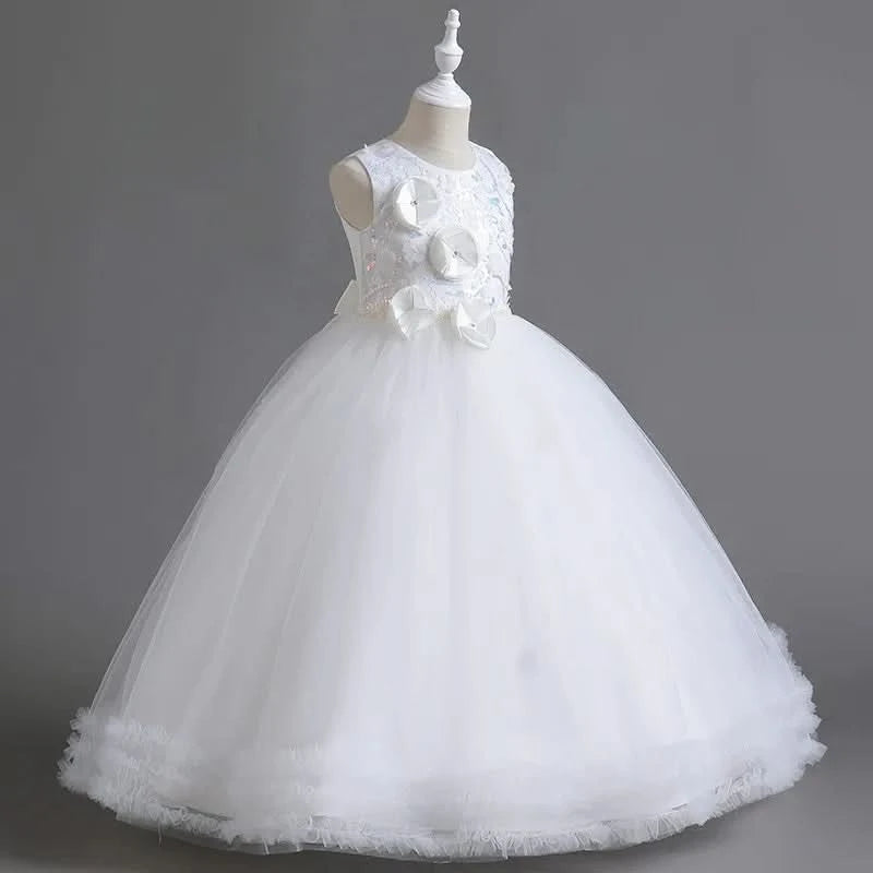Girls' Sequin Pearl Princess Dress 5-14 Years Old Flower Decal Sleeveless Temperament Long Dress Halloween Banquet Fashion Dress - M & M Global
