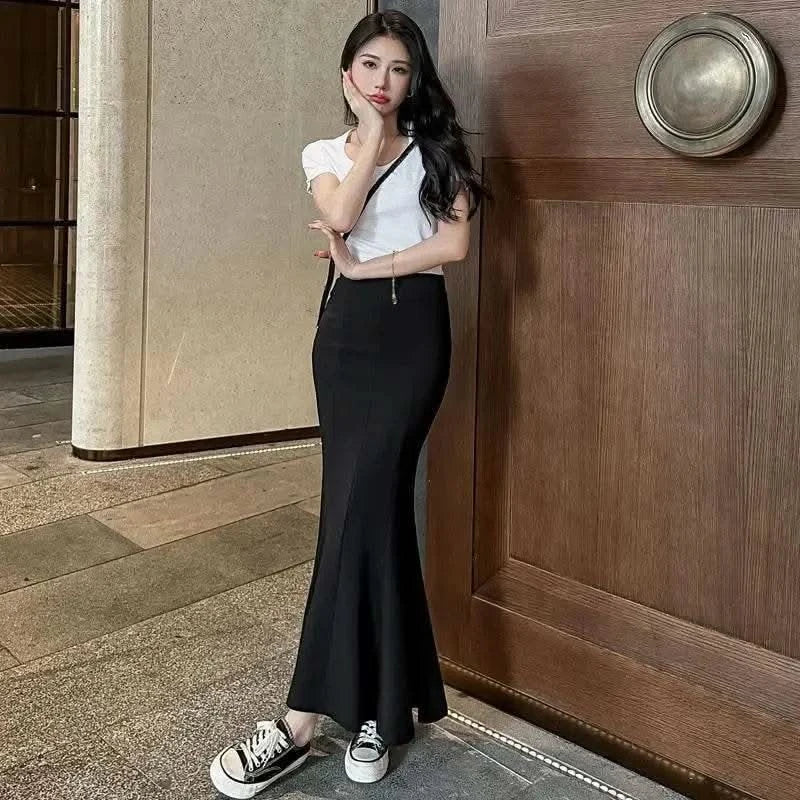 Blackskirt Women's Spring Autumn High-waisted A- line Skirt Fish Tail Vintage Long Dress Sensibility Niche Bodycon Skirt - M & M Global
