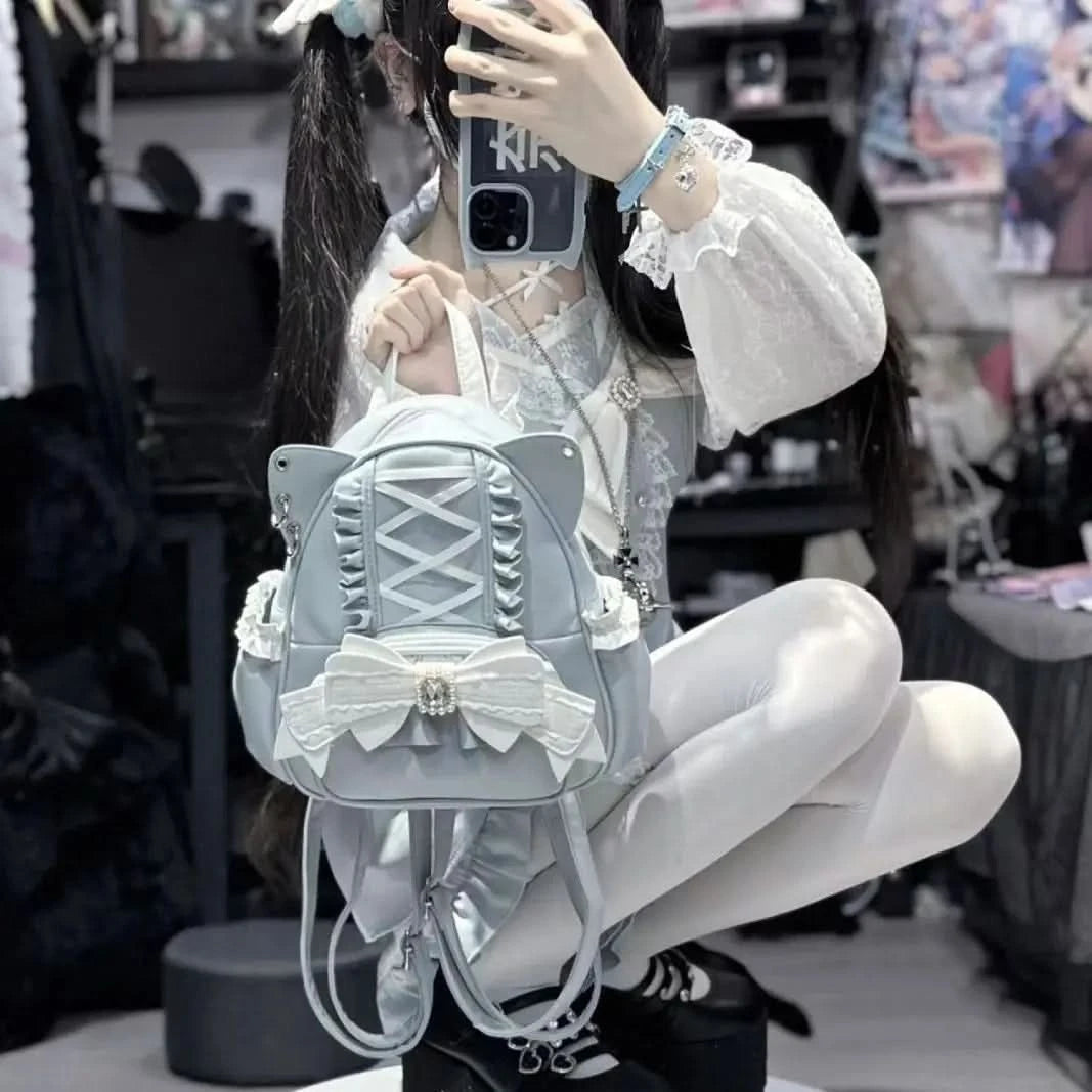Korean Fashion Y2k Punk Backpack Lace Bow Cat Ear Lotus Lace Decoration Lolita Backbag PU Leather Large Capacity Women Backpack - M & M Global