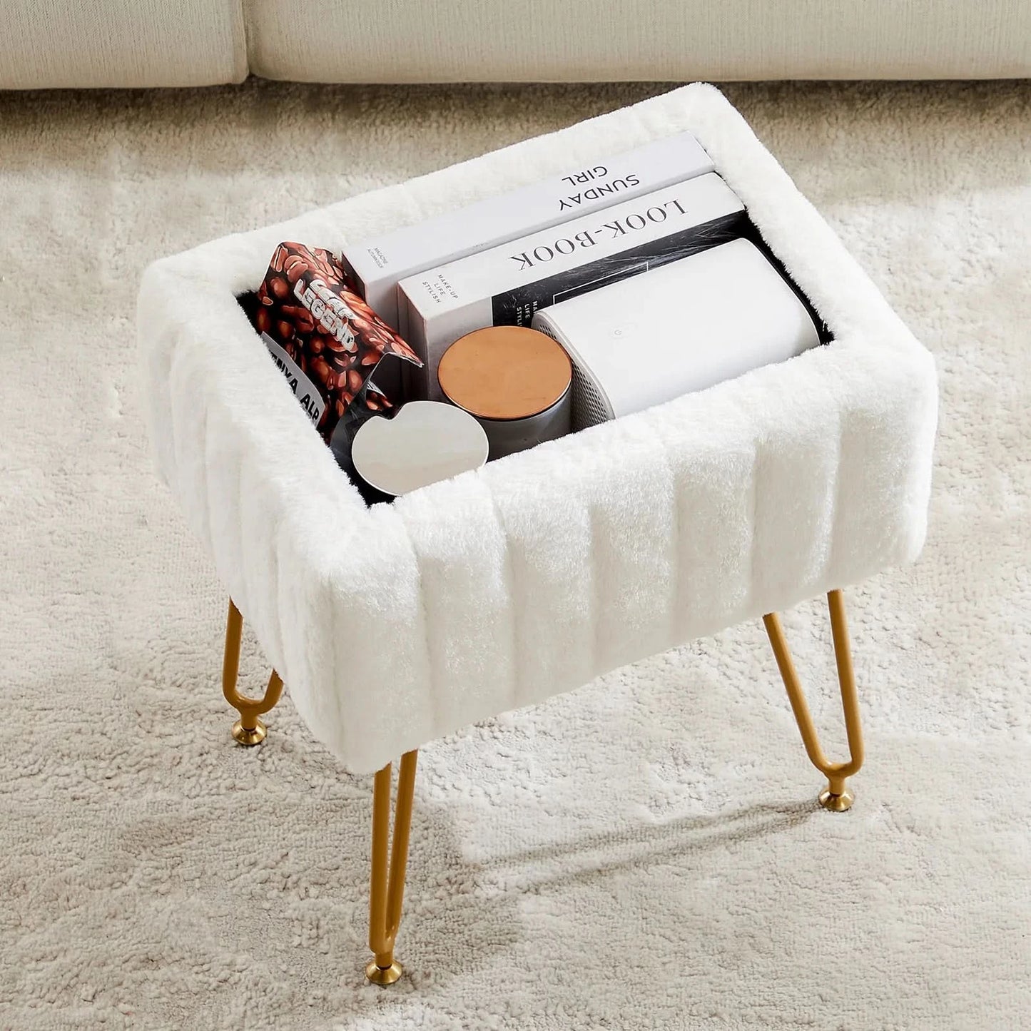 JHK Faux Fur Bedroom seating Hidden Storage Stools Ottomans Padded Makeup with 4 Metal Legs Anti-Slip Adjustable Feet for Home
