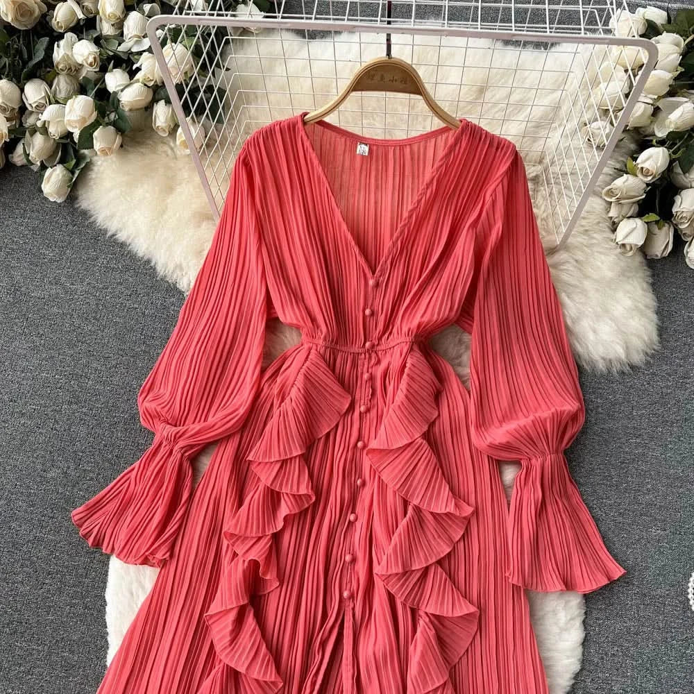 Purple/Brown/Red Chiffon Pleated Long Dress Women Vintage V-Neck Flare Sleeve Draped Ruffle Vestido Female Maxi Robe Spring Fall - M & M Global