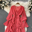 Purple/Brown/Red Chiffon Pleated Long Dress Women Vintage V-Neck Flare Sleeve Draped Ruffle Vestido Female Maxi Robe Spring Fall - M & M Global