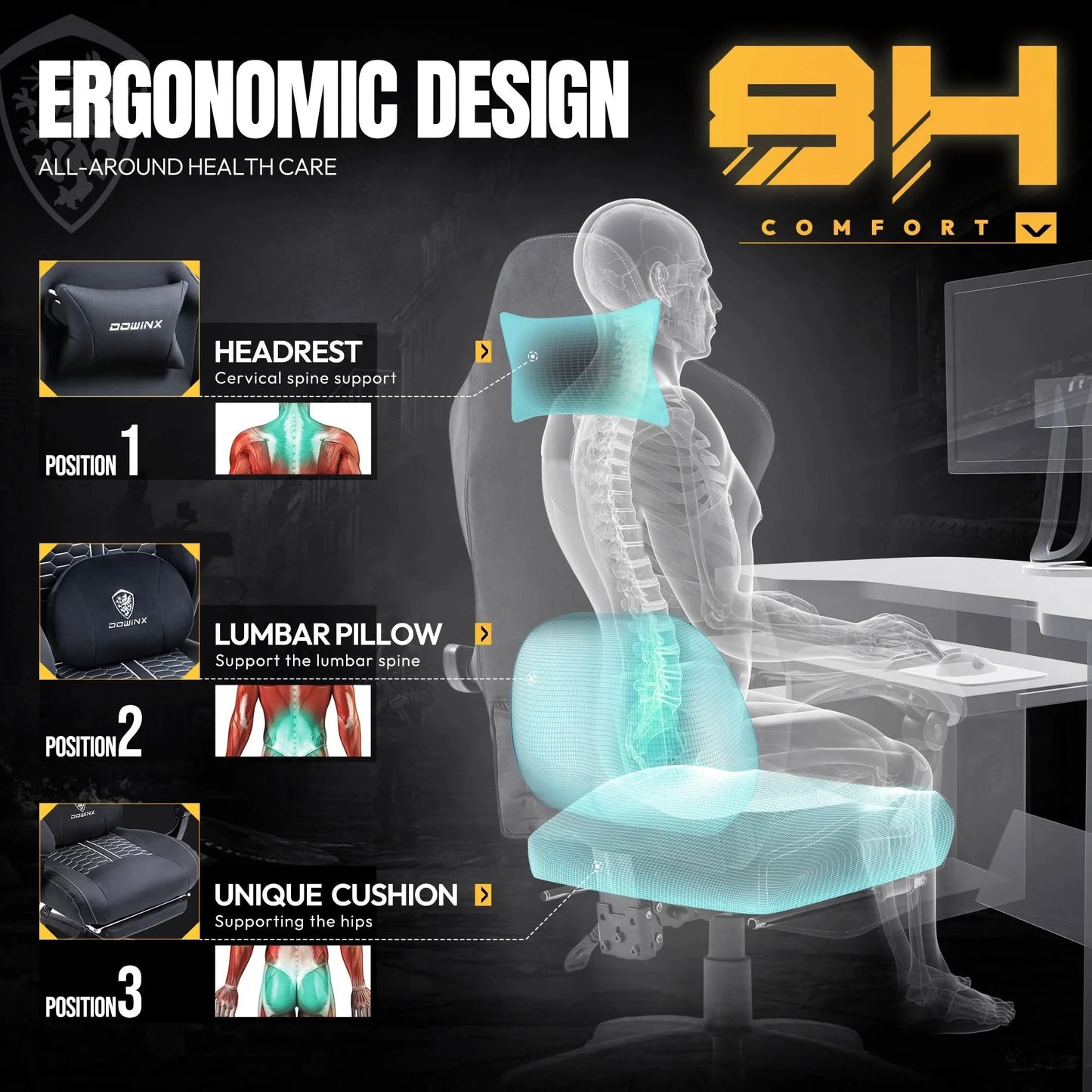 Dowinx Gaming Chair with Heated Massage Lumbar Support, Ergonomic Gaming Computer Chair with Pocket Spring Cushion and Footrest