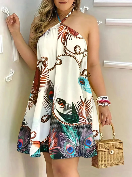 Plus Size Dresses For Woman 2023 Sexy Sleeveless Backless Short Mini Dress Loose Halter Neck Print Beach Sundress Floral Vestido - M & M Global