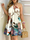 Plus Size Dresses For Woman 2023 Sexy Sleeveless Backless Short Mini Dress Loose Halter Neck Print Beach Sundress Floral Vestido - M & M Global
