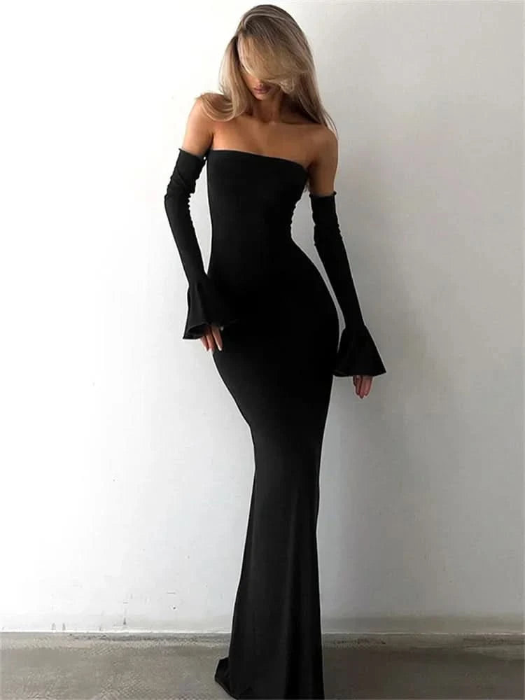 Trendix Black Elegant Evening Dress Women Sexy Off Shoulder Slim High Waist Tube Dresses Beach Party Ruffle Backless Long Dress - M & M Global