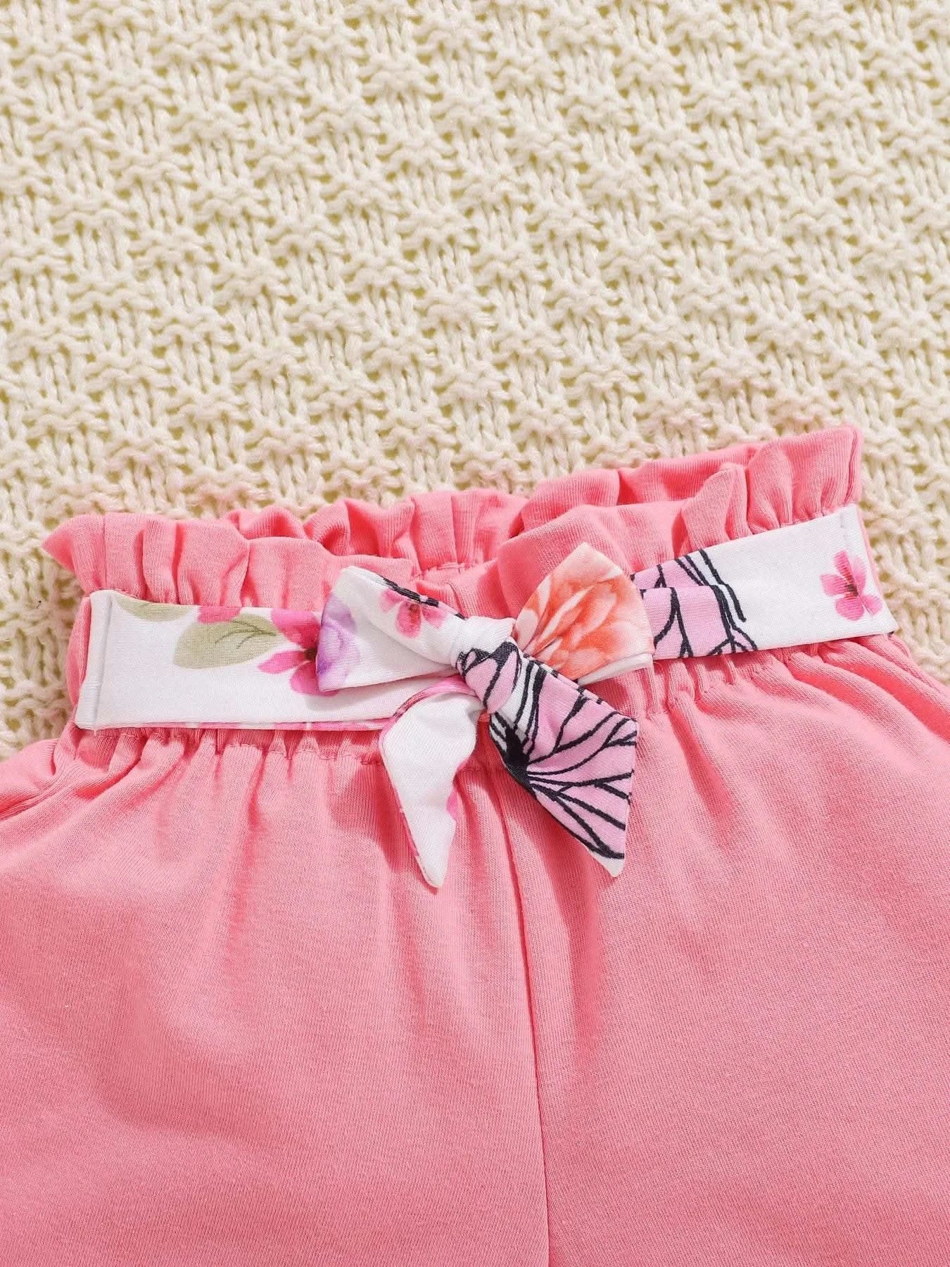 3-piece baby baby girl butterfly print halter top with bow embellish shorts headscarf set - M & M Global