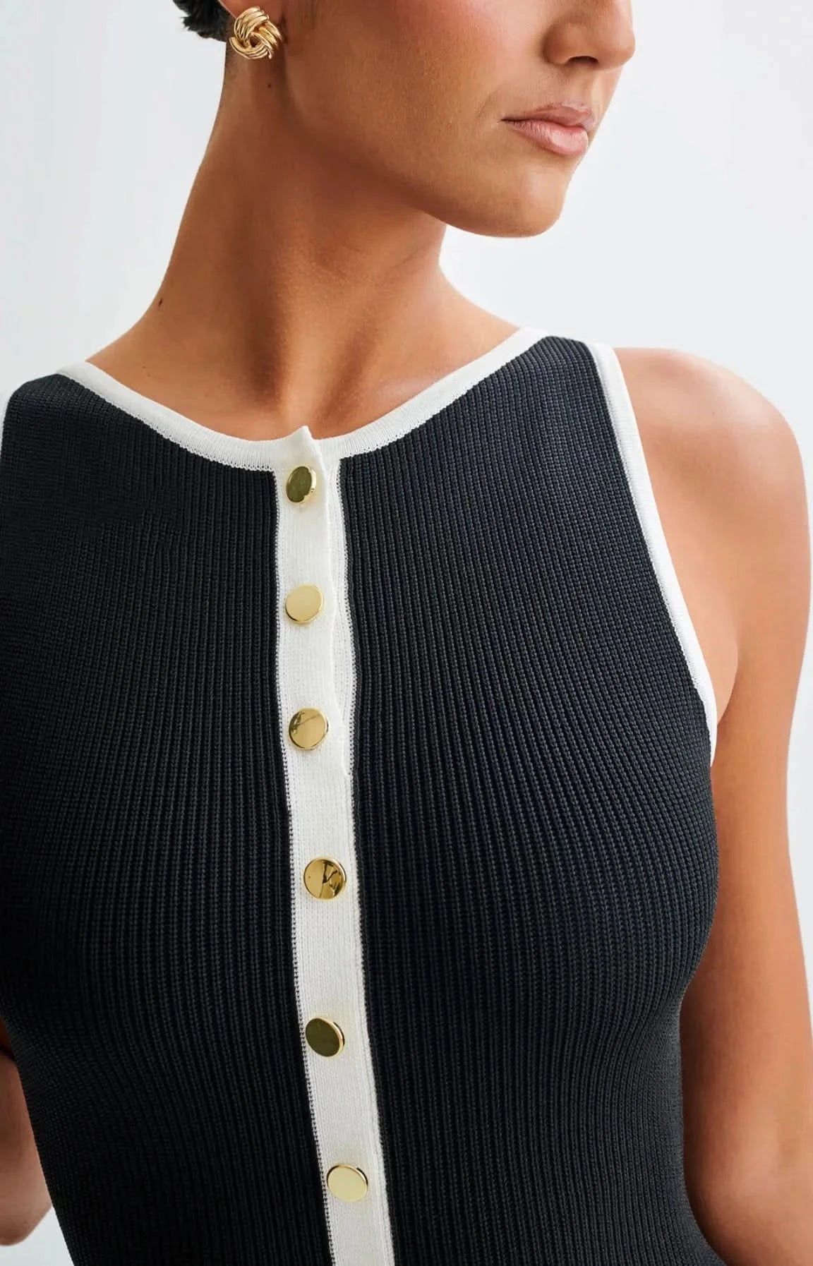 Elegant Women Knitted Long Dress Summer Sleeveless Single Breasted Bodycon Dresses High Street Fashion Office Ladies Black Robes - M & M Global
