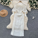 Vintage O-Neck Elegant Long Lantern Sleeve Chic Tassel Slim Long Dress French Fashion Evening High Street Autumn Winter Clothing - M & M Global