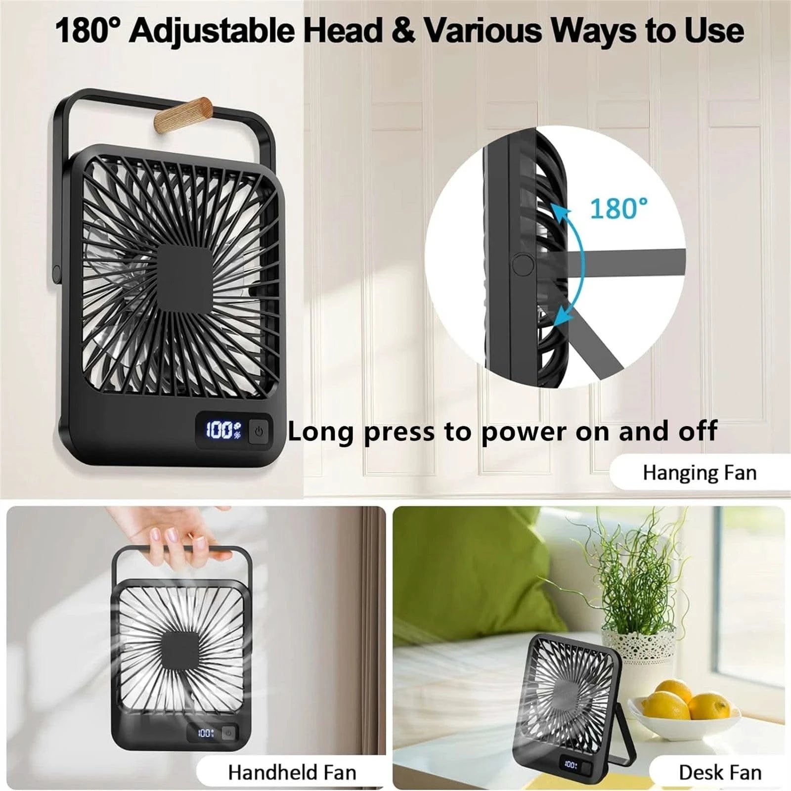 Desk Fan, Portable USB Rechargeable Fan, 180° Tilt Folding Personal Fan With Power Display, 5 Speeds Ultra Quiet Table Fan - M & M Global