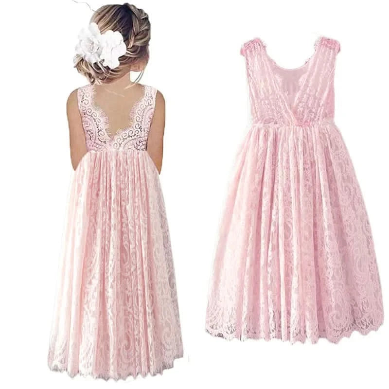 Plus Size Princess Girls Cotton Lace Party Long Dress Baby Kids Flower Girl Wedding Birthday Children Clothing 2 4  6 8 10 12 14 - M & M Global