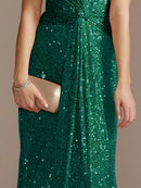 Luxury Green Floor Length V-Neck Evening Dresses Women Elegant Party Maxi Sequins Short Sleeves Prom Cocktail Gowns
