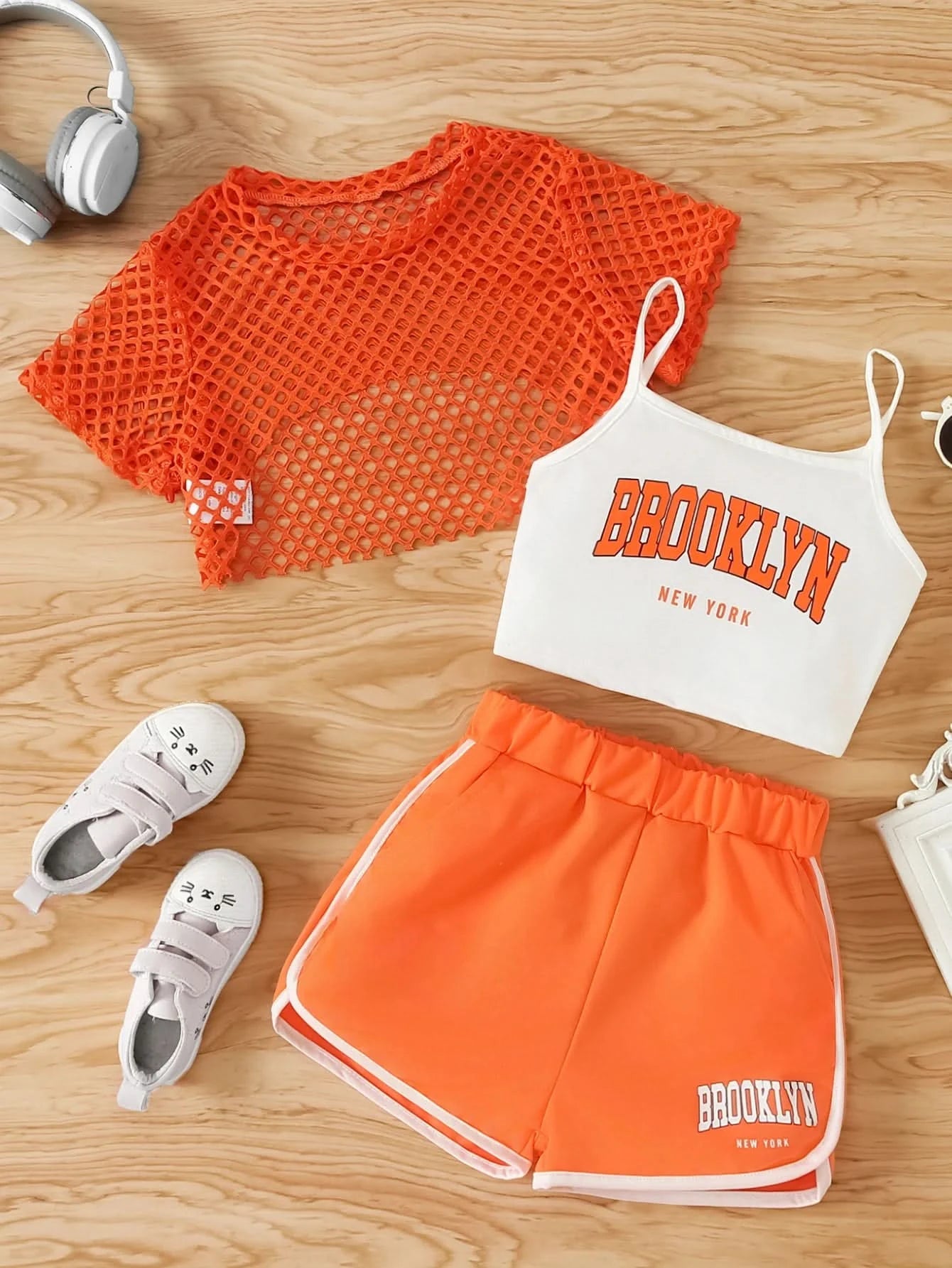 Girls Three-Piece Clothing New Breathable Summer Thin Fashion Short-Sleeved Mesh Top + Letter Printed Short Vest Suspender + Letter Printed Sports Shorts - M & M Global