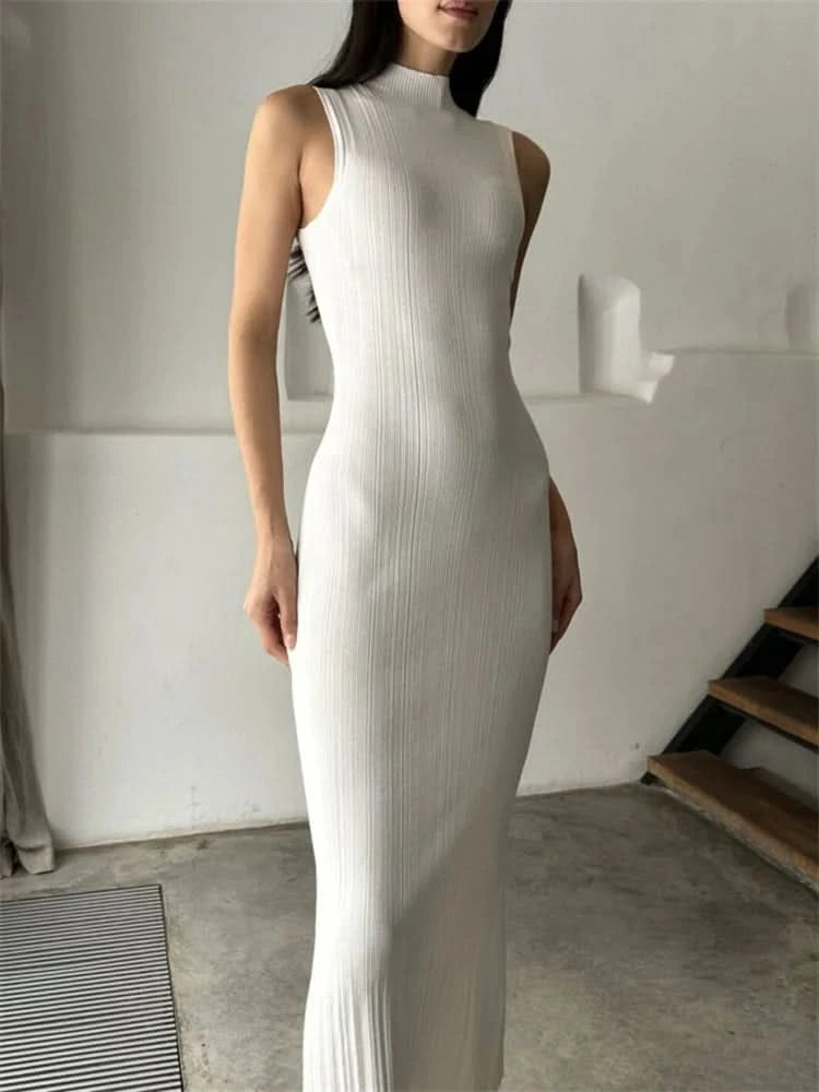 Tossy Sleeveless Knitwear Turtleneck Long Dress Female Slim Elegant Fashion Autumn 2023 Ribbed Knit Dress For Women Maxi Dress - M & M Global