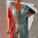 Knitted Contrast Tassel Bikini Summer Beach Cover Up Sexy Hollow Out Women V Neck Loose Beachwear Sunscreen Smock - M & M Global