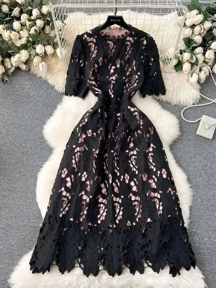 Elegant Flower Embroidery Lace Hollow Out Midi Dresses Women's 2025 Summer O Neck Short Sleeve Casual Long Dress Party Vestidos - M & M Global
