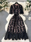 Elegant Flower Embroidery Lace Hollow Out Midi Dresses Women's 2025 Summer O Neck Short Sleeve Casual Long Dress Party Vestidos - M & M Global