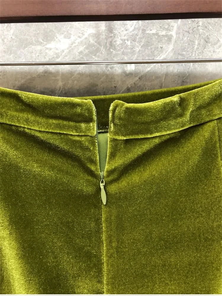 Retro Green Velvet Split Skirt Women Sequin Floral Heavy Industry High Waist A Line Long Dress Elegant Mid Length Skirt Fashion - M & M Global