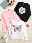 4-Pack of Girls' Spring and Autum Thin New Bottoming Round Neck Loose Versatile Long-Sleeved Tops Printed Children's Clothing