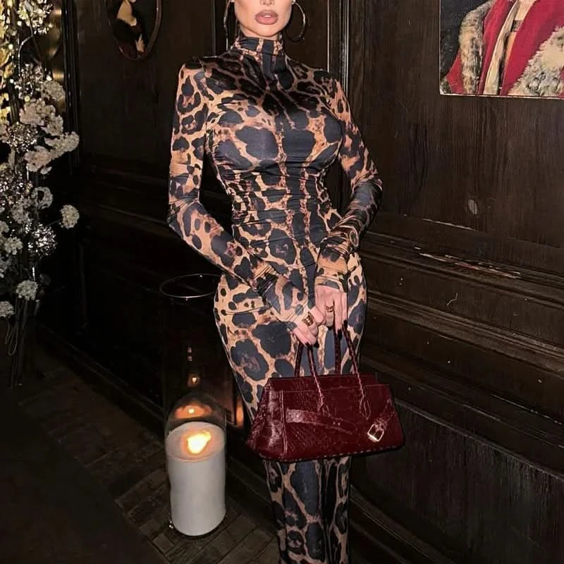 Print Leopard Print Slim Long Dress Women's Fashion Long Sleeve Sexy Party Dress Summer Street Leopard Print Long Dress 2024 New - M & M Global
