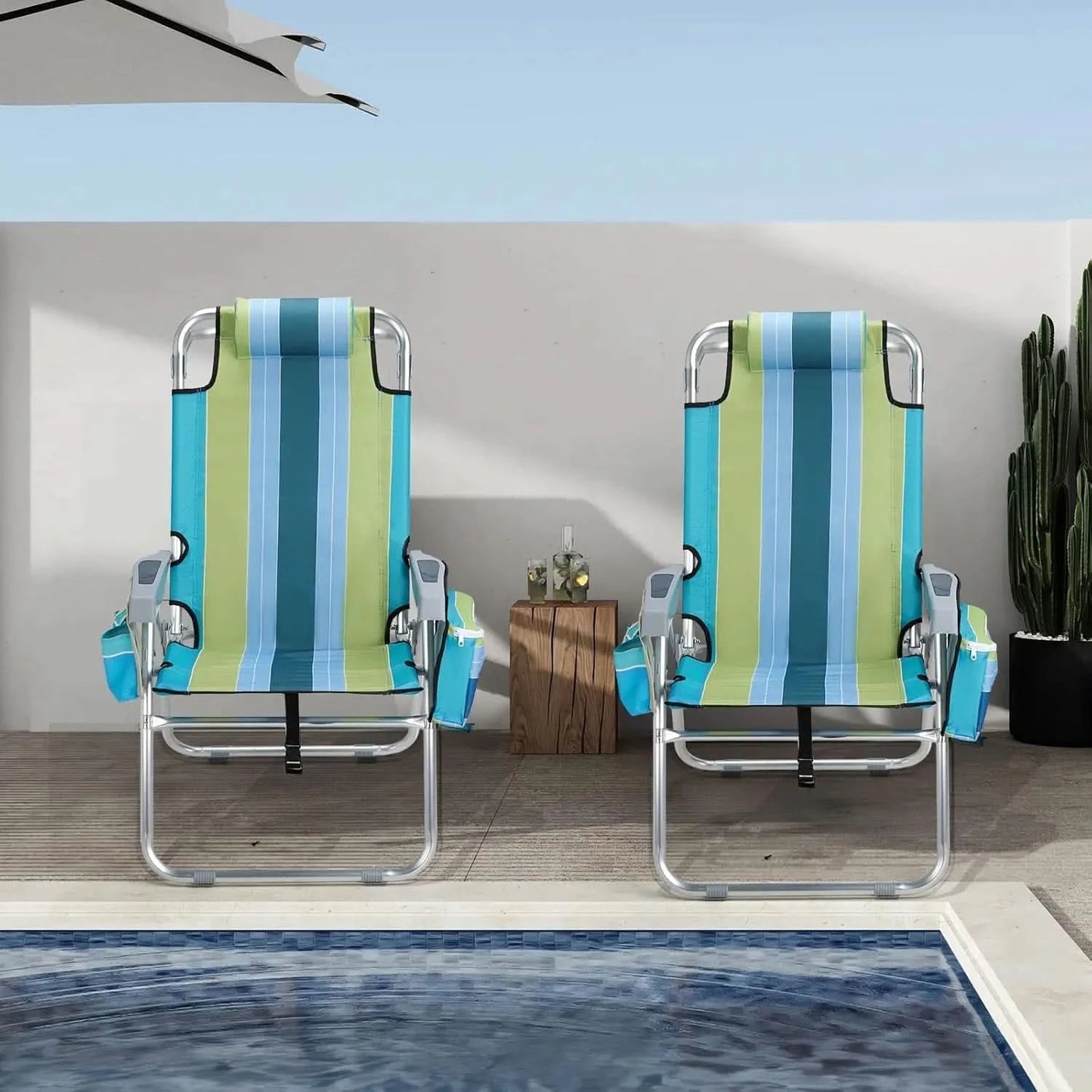 VINGLI Tall Beach Chair 2 Pack, with 5-Position, Cooler Bag, Cup Holders, Towel Bar, Lightweight Folding Beach Camping Chairs