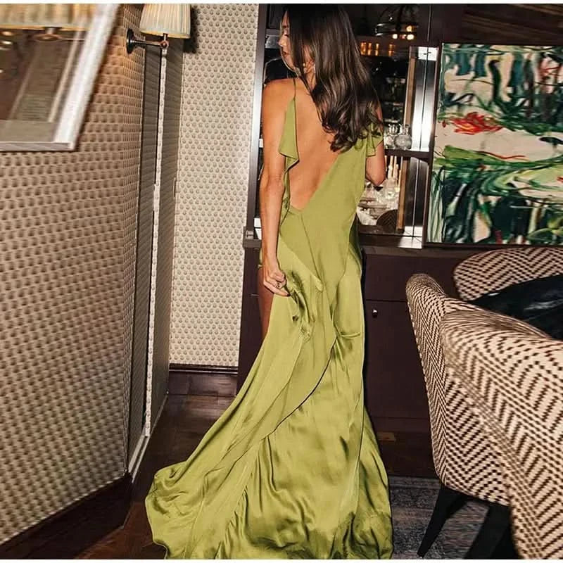 Elegant Green Satin Ruffles Sling Long Dress Women Sexy Backless Sleeveless Split Slim Dresses Lady 2025 New Party Club Vestidos - M & M Global