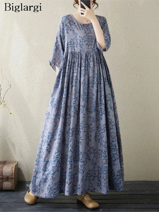 Oversized Summer Long Dress Women Floral Print Fashion Short Sleeve Ladies Dresses Casual Loose Ruffle Pleated Woman New Dress - M & M Global