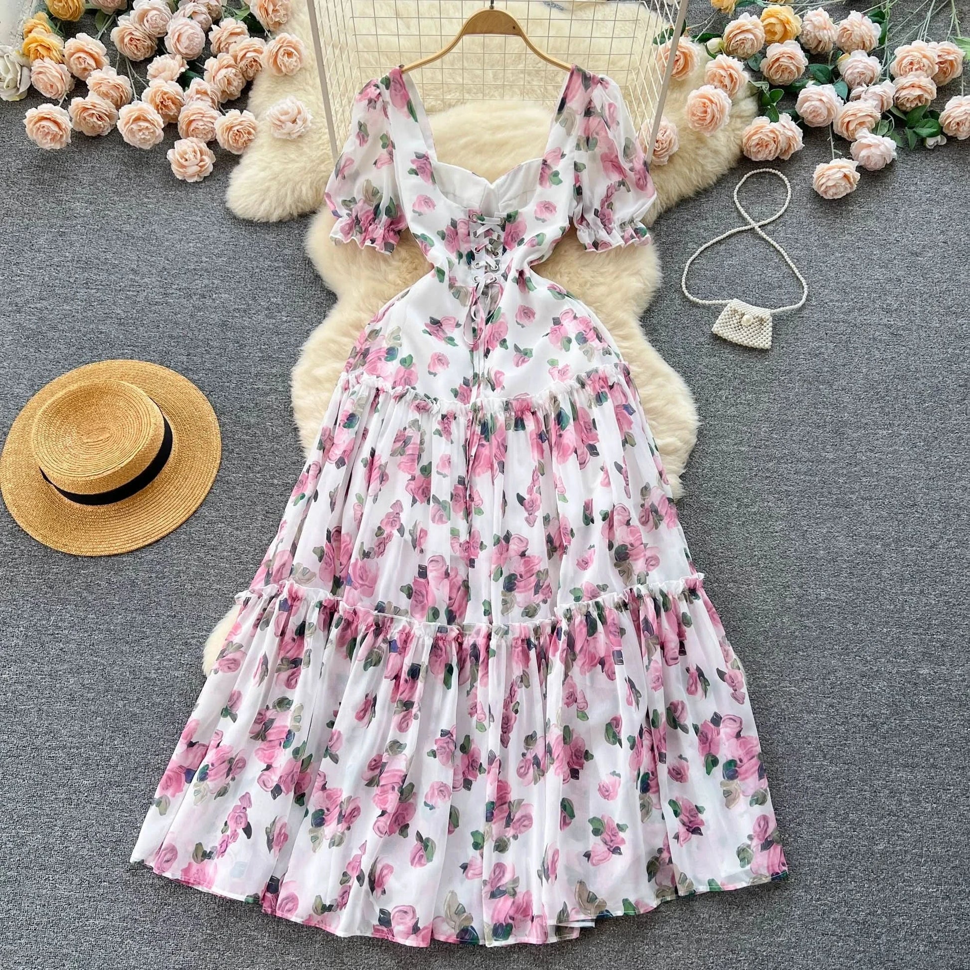 SINGREINY Beach Vacation Floral Print Dress Women Backless Lace Up Cross Bandage Ruched Korean Hotsweet Fashion Party Long Dress - M & M Global