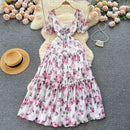 SINGREINY Beach Vacation Floral Print Dress Women Backless Lace Up Cross Bandage Ruched Korean Hotsweet Fashion Party Long Dress - M & M Global