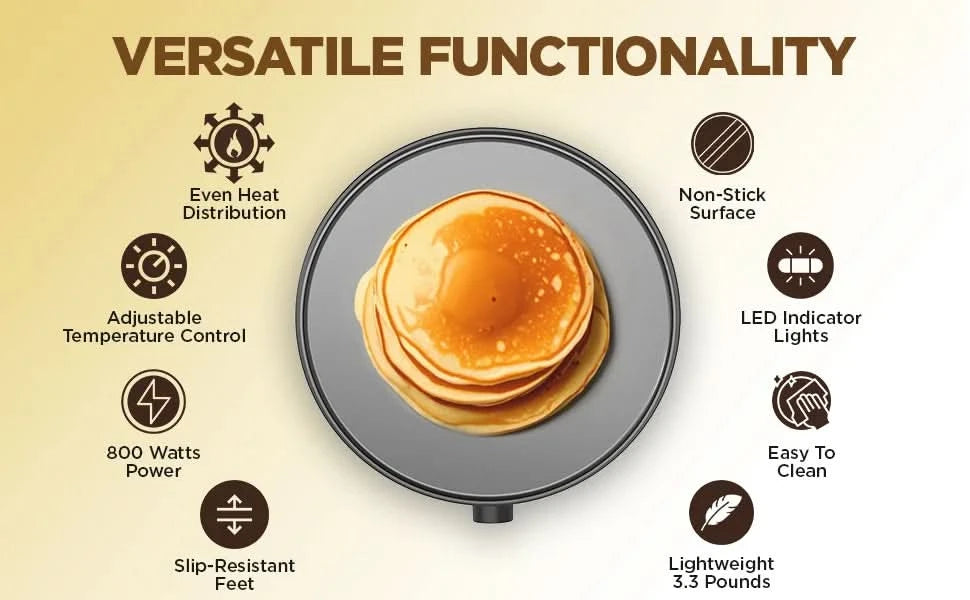Electric Crepe Maker, Nonstick Multi-Function Tortilla Machine, Ideal for Crepes, Pancakes & Roti, Wooden Spatula & Batter Sprea - M & M Global
