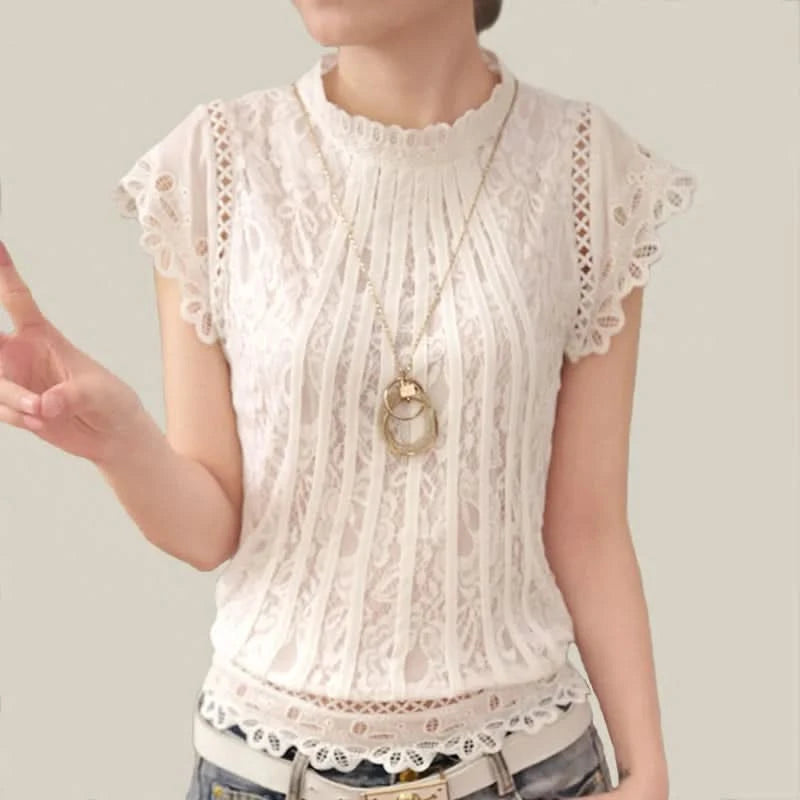 Summer Casual Solid Blouses for Women Petal Sleeve Floral Lace Tops Sweet Chiffon O-neck Short Shirts Elegant Chic New 01C - M & M Global