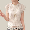 Summer Casual Solid Blouses for Women Petal Sleeve Floral Lace Tops Sweet Chiffon O-neck Short Shirts Elegant Chic New 01C - M & M Global