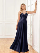 Luxury V-Neck Satin Sleeveless Blue Formal Evening Dress 2024 Women Elegant Sexy Slip Wedding Party Long Prom Dress