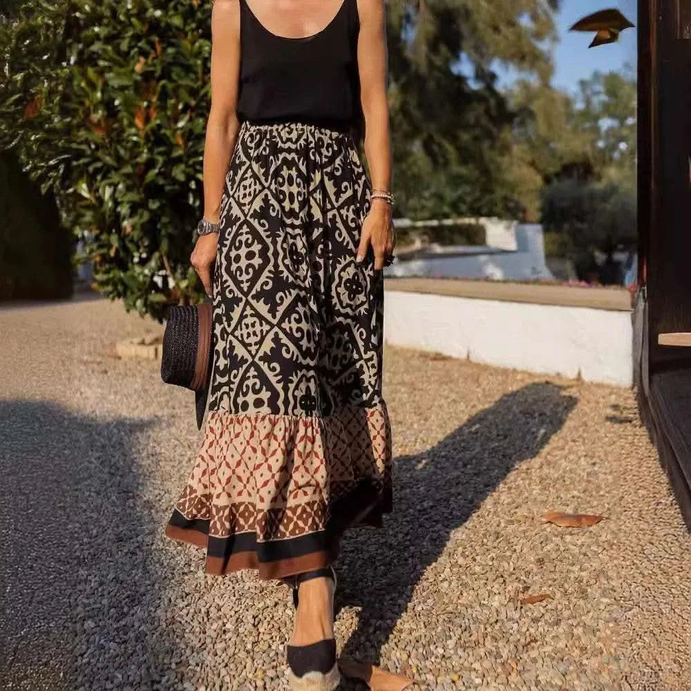 boho print maxi skirt women fashion high waist 3D printting long dress casual loose summer high waist skirts for women 2024 - M & M Global