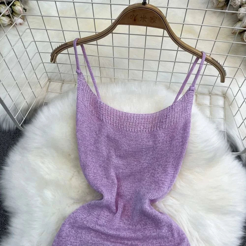 Blue/purple Summer Knit Sexy Strap Dress Women Tank Elatic Waist Bodycon Sundress Female Beach Split Backless Maxi Long Dress - M & M Global