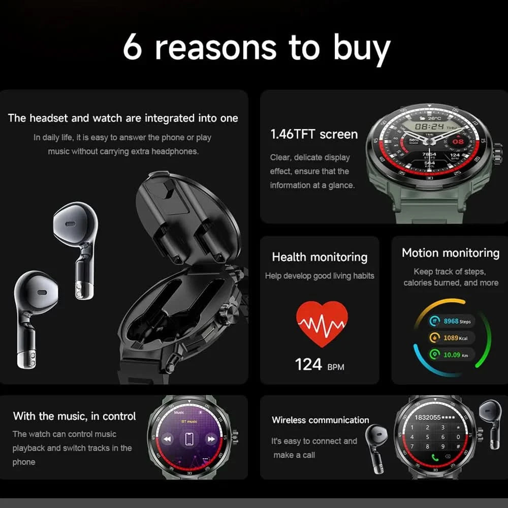 Smart Watch for Men with Hidden Earbuds Wireless Calling Fitness Tracker NFC Waterproof Heart Rate Monitor