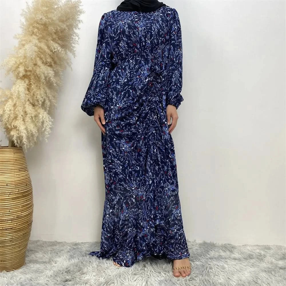Muslim Women's dress Casual print bark crepe long dress Zipper collar long sleeves loose Muslim maxi dress - M & M Global
