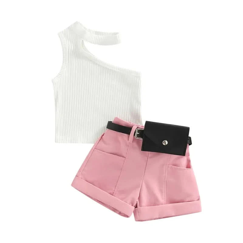 1-5 Years Infant Girl Casual Set Tanks Tops + Shorts + Waist Bag Pockets Decoration Casual Style Girls Summer Clothing Set - M & M Global