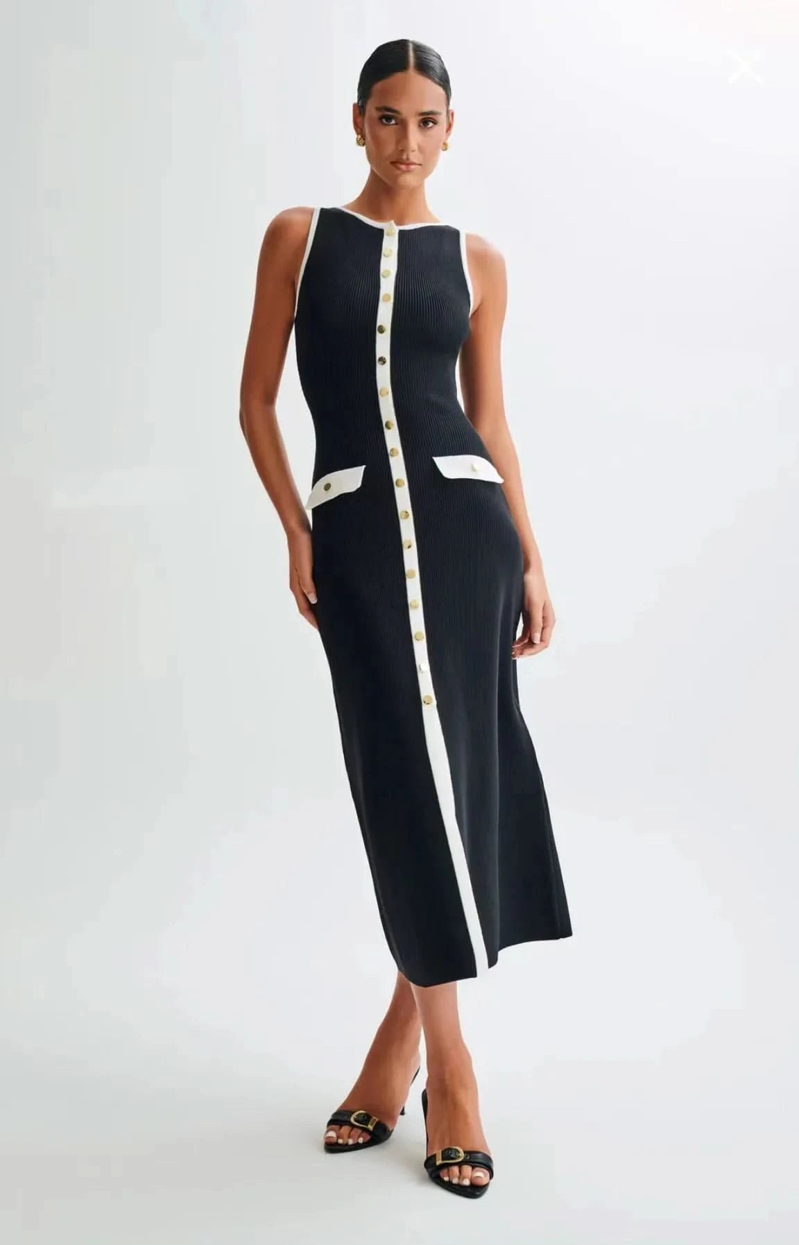 Elegant Women Knitted Long Dress Summer Sleeveless Single Breasted Bodycon Dresses High Street Fashion Office Ladies Black Robes - M & M Global