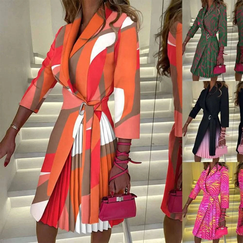 Dresses For Women 2023 Casual Long Sleeve Print Lapel Lace Up Mini Dress Blazer Elegant Office Ladies Vestidos Party Evening - M & M Global