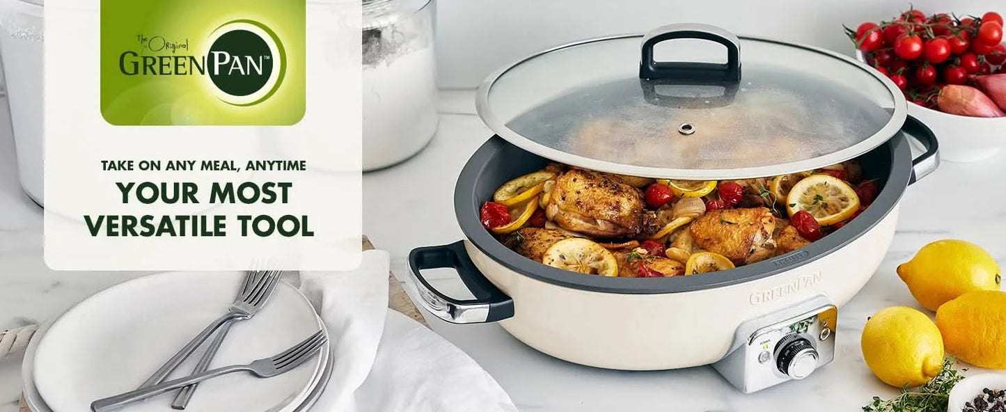 Elite 5.5QT Electric Oval Skillet, PFAS-Free Ceramic Nonstick, 1800 Watt, Dishwasher Safe Lid & Removable Crock, Adjustable Temp - M & M Global
